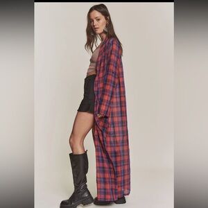 166. Plaid long length maxi cardigan shirt in red